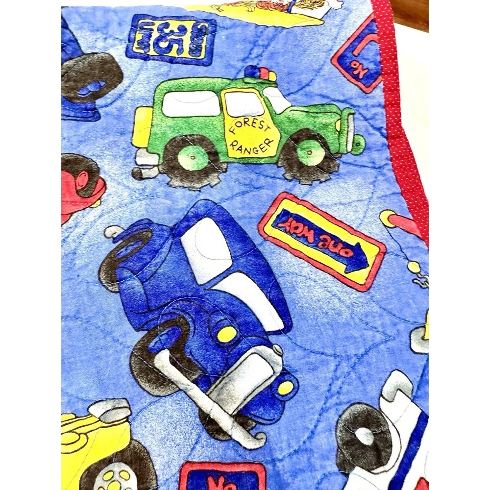 Vintage Quilted Baby Blanket Transportation School Bus Road‎ Signs 28x40 Blue